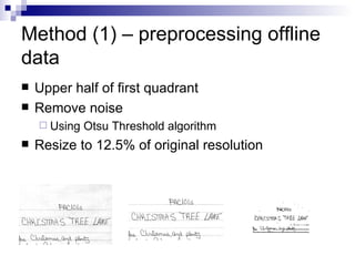 Method (1) – preprocessing offline data  Upper half of first quadrant Remove noise Using Otsu Threshold algorithm Resize to 12.5% of original resolution 