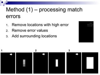 Method (1) – processing match errors Remove locations with high error Remove error values Add surrounding locations 1 2 3 