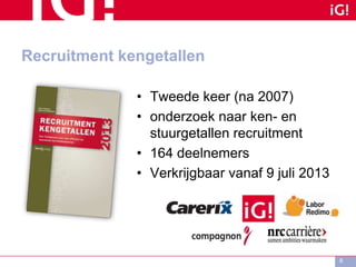 Recruitment kengetallen
• Tweede keer (na 2007)
• onderzoek naar ken- en
stuurgetallen recruitment
• 164 deelnemers
• Verkrijgbaar vanaf 9 juli 2013
6
 