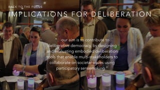 B A C K T O T H E F O C U S
• “…our aim is to contribute to
deliberative democracy, by designing
and evaluating embodied deliberation
tools that enable multi-stakeholders to
collaborate on societal issues using
participatory sensemaking.”
I M P L I C AT I O N S F O R D E L I B E R AT I O N
 