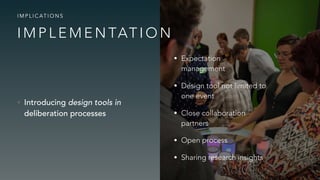 • Introducing design tools in
deliberation processes
I M P L I C AT I O N S
• Expectation
management
• Design tool not limited to
one event
• Close collaboration
partners
• Open process
• Sharing research insights
I M P L E M E N TAT I O N
 