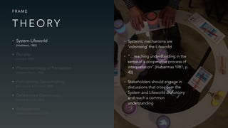 • Systemic mechanisms are
‘colonising’ the Lifeworld
• ”…reaching understanding in the
sense of a cooperative process of
interpretation” [Habermas 1981, p.
40]
• Stakeholders should engage in
discussions that cross over the
System and Lifeworld dichotomy
and reach a common
understanding
• System-Lifeworld  
(HABERMAS, 1981)
• Plurality 
(ARENDT, 1945)
• Phenemenology of Perception 
(MERLEAU-PONTY, 1985)
• Participatory Sensemaking 
(DE JAEGHER & DI PAOLO, 2009)
• Deliberative Democracy 
(FISHKIN & LUSKIN, 2005)
• Embodiment 
(HUMMELS & VAN DIJK, 2015)
F R A M E
T H E O RY
 