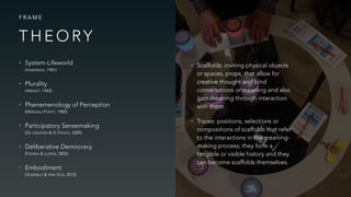 • System-Lifeworld  
(HABERMAS, 1981)
• Plurality 
(ARENDT, 1945)
• Phenemenology of Perception 
(MERLEAU-PONTY, 1985)
• Participatory Sensemaking 
(DE JAEGHER & DI PAOLO, 2009)
• Deliberative Democracy 
(FISHKIN & LUSKIN, 2005)
• Embodiment 
(HUMMELS & VAN DIJK, 2015)
F R A M E
• Scaffolds: inviting physical objects
or spaces, props, that allow for
creative thought and bind
conversations or meaning and also
gain meaning through interaction
with them.
• Traces: positions, selections or
compositions of scaffolds that refer
to the interactions in the meaning-
making process; they form a
tangible or visible history and they
can become scaffolds themselves.
T H E O RY
 