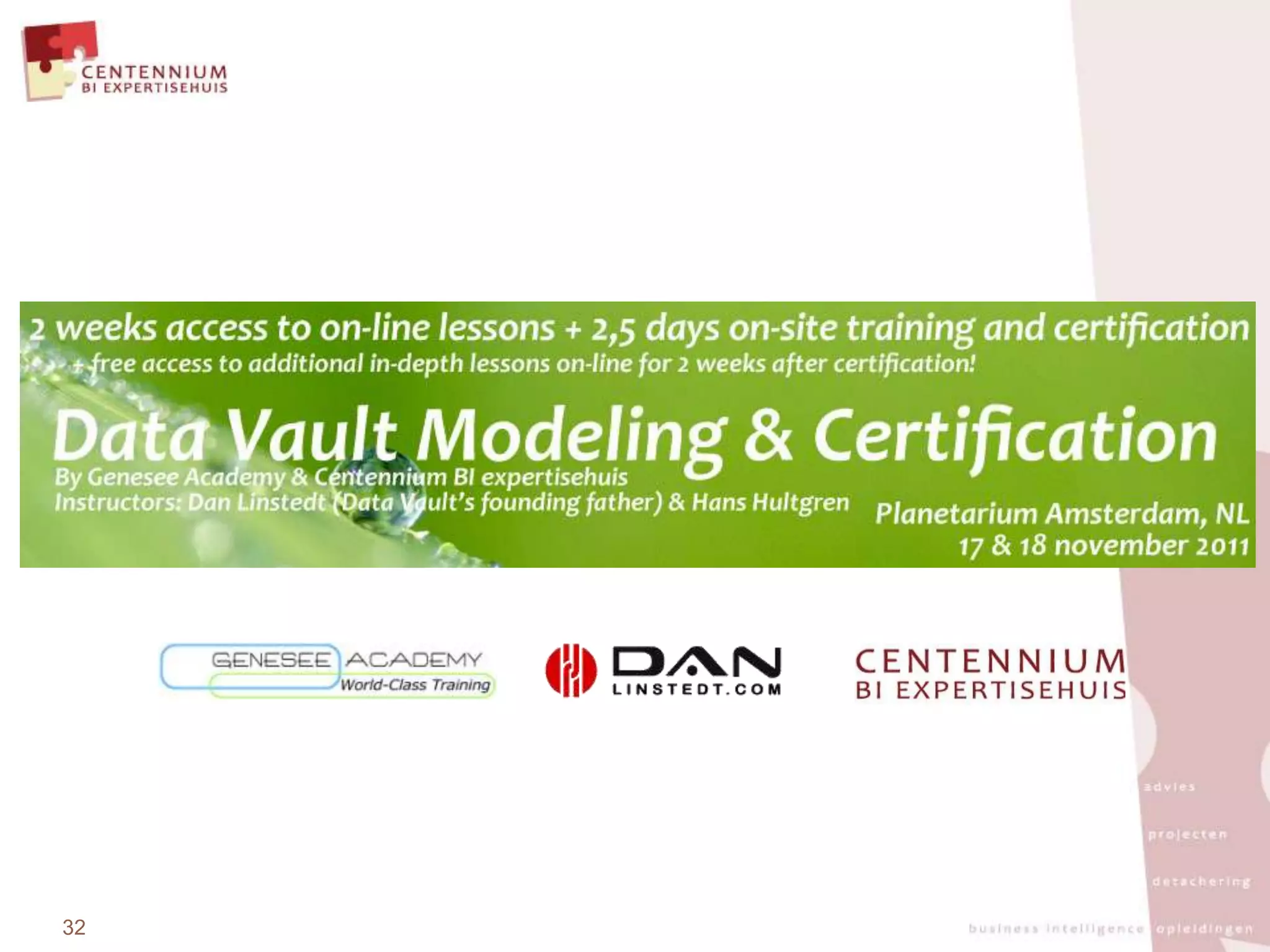 Centennium BI expertisehuis houses all the experts under one roof, hereby offering all knowledge and expertise to address the complex business intelligence issues facing our clients todayFacts and figures:Founded: 1998