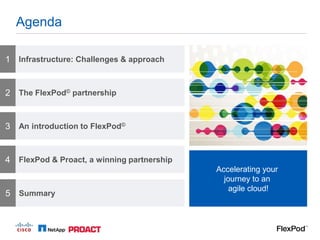 Agenda

1 Infrastructure: Challenges & approach


2 The FlexPod© partnership


3 An introduction to FlexPod©


4 FlexPod & Proact, a winning partnership
                                            Accelerating your
                                              journey to an
                                                agile cloud!
5 Summary
 