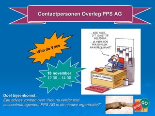 Wim de Vries 18 november 12.30 – 14.00 Contactpersonen Overleg PPS AG Doel bijeenkomst: Een advies vormen over “Hoe nu verder met  accountmanagement PPS AG in de nieuwe organisatie?” 
