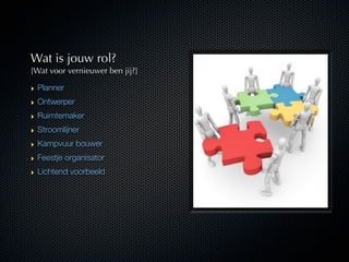 Wat is jouw rol?
[Wat voor vernieuwer ben jij?]

‣ Planner
‣ Ontwerper
‣ Ruimtemaker
‣ Stroomlijner
‣ Kampvuur bouwer
‣ Fe...