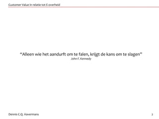 Customer Value in relatie tot E-overheid




        “Alleen wie het aandurft om te falen, krijgt de kans om te slagen”
                                           John F. Kennedy




Dennis C.Q. Havermans                                                        2
 