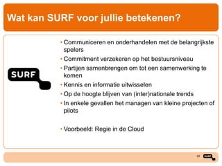 Wat kan SURF voor jullie betekenen?
• Communiceren en onderhandelen met de belangrijkste
spelers
• Commitment verzekeren op het bestuursniveau
• Partijen samenbrengen om tot een samenwerking te
komen
• Kennis en informatie uitwisselen
• Op de hoogte blijven van (inter)nationale trends
• In enkele gevallen het managen van kleine projecten of
pilots
• Voorbeeld: Regie in de Cloud

29

 
