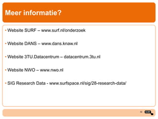 Meer informatie?
• Website SURF – www.surf.nl/onderzoek

• Website DANS – www.dans.knaw.nl
• Website 3TU.Datacentrum – datacentrum.3tu.nl

• Website NWO – www.nwo.nl
• SIG Research Data - www.surfspace.nl/sig/28-research-data/

32

 