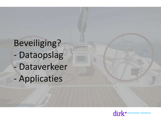 Beveiliging?
- Dataopslag
- Dataverkeer
- Applicaties
 
