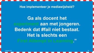Hoe implementeer je mediawijsheid?
→
1. Waarom is mediawijsheid belangrijk?
2. Wat is mediawijsheid?
3. Hoe maak ik jongeren mediawijs?
• Pedagogische uitgangspunten
• Didactische uitgangspunten
• Kennismaking met mediawijsheid
• Consumeren
• Participeren
• Produceren
4. Hoe beoordeel ik mediawijsheid?
5. Hoe integreer ik mediawijsheid in vak-
of beroepscontext?
6. Hoe word ik als docent mediawijs?
7. Hoe implementeer je mediawijsheid?
252 blz.
 