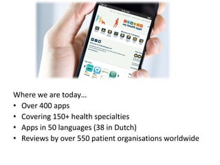 Where we are today… 
•Over 400 apps 
•Covering 150+ health specialties 
•Apps in 50 languages (38 in Dutch) 
•Reviews by over 550 patient organisations worldwide 
 