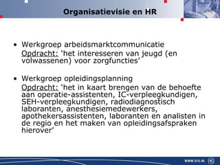Organisatievisie en HR Werkgroep arbeidsmarktcommunicatie  Opdracht:  ‘het interesseren van jeugd (en volwassenen) voor zorgfuncties’ Werkgroep opleidingsplanning Opdracht:  ‘het in kaart brengen van de behoefte aan operatie-assistenten, IC-verpleegkundigen, SEH-verpleegkundigen, radiodiagnostisch laboranten, anesthesiemedewerkers, apothekersassistenten, laboranten en analisten in de regio en het maken van opleidingsafspraken hierover’ 