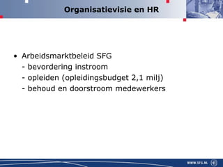 Organisatievisie en HR Arbeidsmarktbeleid SFG - bevordering instroom - opleiden (opleidingsbudget 2,1 milj) - behoud en doorstroom medewerkers 