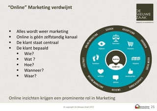 “Online” Marketing verdwijnt



   Alles wordt weer marketing
   Online is géén zelfstandig kanaal
   De klant staat centraal
   De klant bepaald
     Wie?
     Wat ?
     Hoe?
     Wanneer?
     Waar?



Online inzichten krijgen een prominente rol in Marketing
                                                           26
 