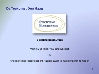 1
Stichting Boschuysen
viert in 2014 haar 450-jarig jubileum
&
financiert 3 jaar dit project om Haagse zwerf- of risicojongeren te helpen
De Toekomst Den Haag
 