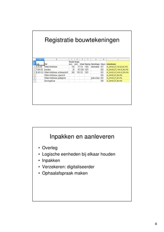 Registratie bouwtekeningen




       Inpakken en aanleveren
•   Overleg
•   Logische eenheden bij elkaar houden
•   Inpakken
•   Verzekeren: digitaliseerder
•   Ophaalafspraak maken




                                          4
 