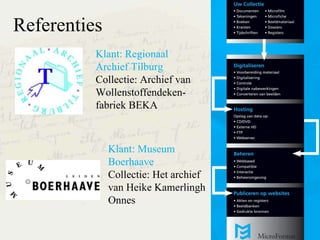 Referenties Klant: Regionaal Archief Tilburg Collectie: Archief van Wollenstoffendeken-fabriek BEKA Klant: Museum Boerhaave Collectie: Het archief van Heike Kamerlingh Onnes 