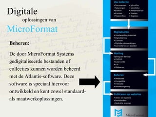 Digitale oplossingen van  MicroFormat Beheren: De door MicroFormat Systems gedigitaliseerde bestanden of collecties kunnen worden beheerd met de Atlantis-software. Deze software is speciaal hiervoor ontwikkeld en kent zowel standaard- als maatwerkoplossingen. 