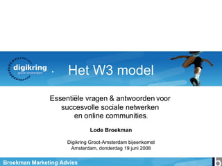 Het W3 model Essentiële vragen & antwoorden voor  succesvolle sociale netwerken  en online communities . Lode Broekman Digikring Groot-Amsterdam bijeenkomst Amsterdam, donderdag 19 juni 2008 