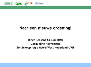 Naar een nieuwe ordening! Diner Pensant 14 juni 2010 Jacqueline Heeremans Zorginkoop regio Noord West Nederland UVIT 