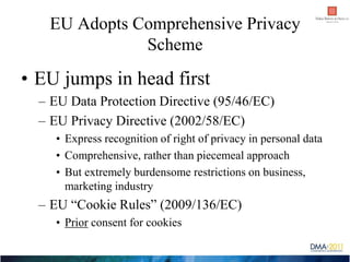EU Adopts Comprehensive Privacy
              Scheme
• EU jumps in head first
  – EU Data Protection Directive (95/46/EC)
...