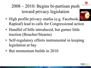 2008 – 2010: Begins bi-partisan push
        toward privacy legislation
• High profile privacy snafus (e.g. Facebook,
  Ra...