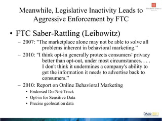 Meanwhile, Legislative Inactivity Leads to
     Aggressive Enforcement by FTC

• FTC Saber-Rattling (Leibowitz)
  – 2007: ...
