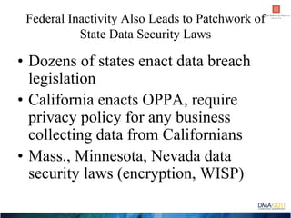 Federal Inactivity Also Leads to Patchwork of
           State Data Security Laws

• Dozens of states enact data breach
  ...