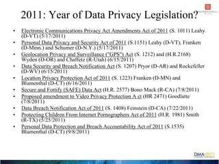 2011: Year of Data Privacy Legislation?
•   Electronic Communications Privacy Act Amendments Act of 2011 (S. 1011) Leahy
 ...