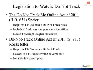 Legislation to Watch: Do Not Track
• The Do Not Track Me Online Act of 2011
  (H.R. 654) Speier
  – Requires FTC to create...