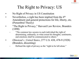 The Right to Privacy: US
•       No Right of Privacy in US Constitution
•       Nevertheless, a right has been implied fro...