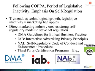 Following COPPA, Period of Legislative
    Inactivity, Emphasis On Self-Regulation
• Tremendous technological growth, legi...
