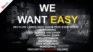 WE
WANT EASYDEV FLOW = WRITE ONCE RUN (& TEST) EVERYWHERE ;-)
NETWORKING
SERVICE DISCOVERY
AUTOMAGIC STUFF
ORCHESTRATION
(AUTO)SCALING
DATA MANAGMENT
MONITORING
!!SECURITY!! (HACKERS GALORE)
 