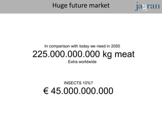 Huge future market




  In comparison with today we need in 2050

225.000.000.000 kg meat
              Extra worldwide




            INSECTS 10%?

  € 45.000.000.000
 