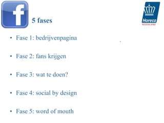 5 fases

• Fase 1: bedrijvenpagina    .



• Fase 2: fans krijgen

• Fase 3: wat te doen?

• Fase 4: social by design

• Fase 5: word of mouth
 