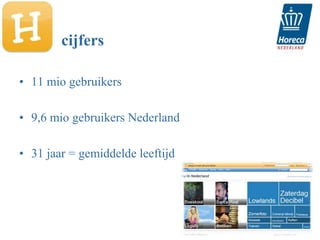 cijfers

• 11 mio gebruikers

• 9,6 mio gebruikers Nederland

• 31 jaar = gemiddelde leeftijd
 