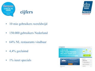 cijfers

• 10 mio gebruikers wereldwijd

• 150.000 gebruikers Nederland

• 64% NL restaurants vindbaar

• 4,4% geclaimd

• 1% inzet specials
 
