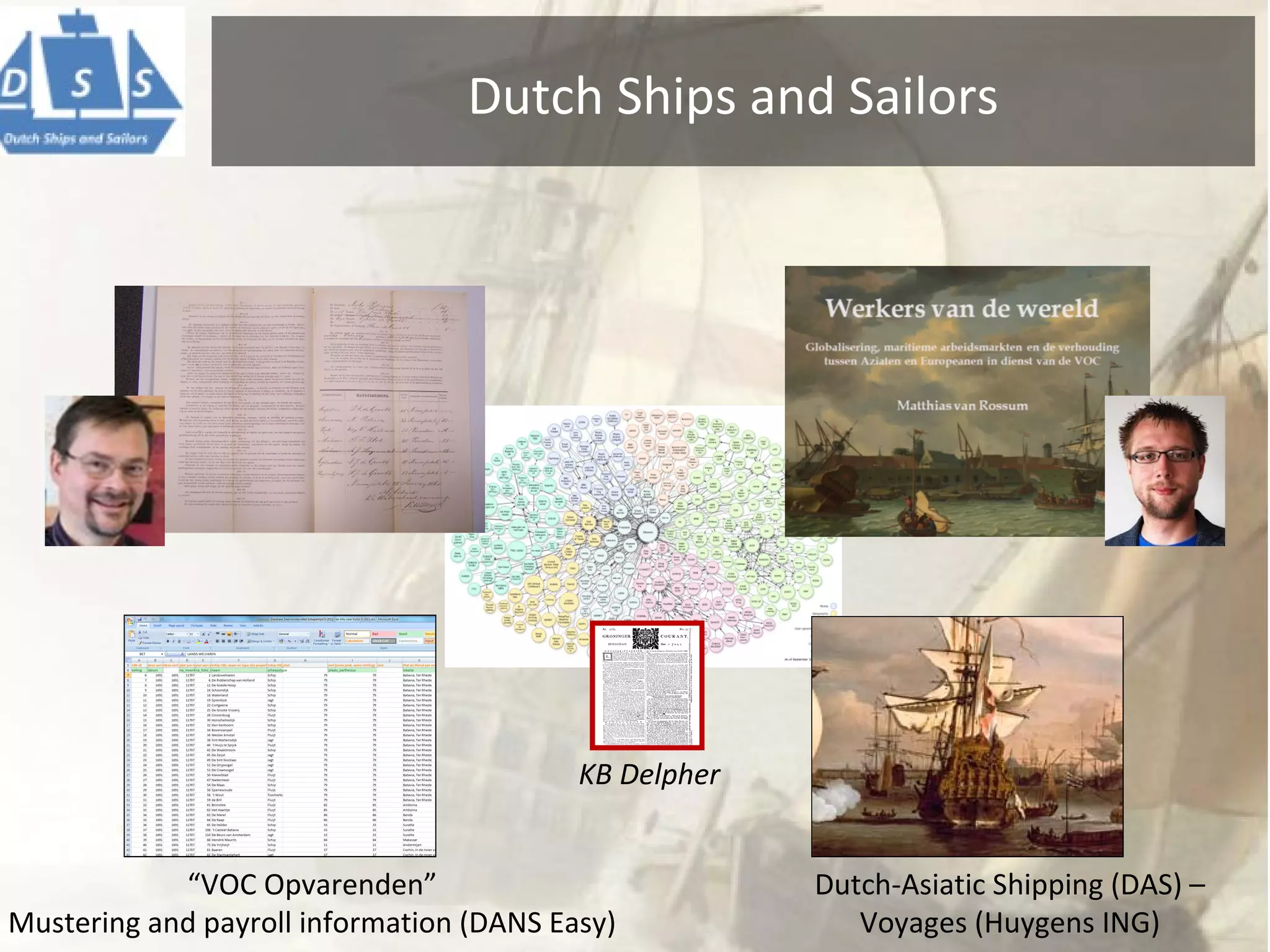 Dutch Ships and Sailors 
KB Delpher 
Dutch-Asiatic Shipping (DAS) – 
Voyages (Huygens ING) 
“VOC Opvarenden” 
Mustering and payroll information (DANS Easy) 
 