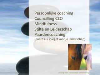 Persoonlijke coaching
Councilling CEO
Mindfulness
Stilte en Leiderschap
Paardencoaching
(paard als spiegel voor je leiderschap)

vervolg Mijn persoonlijke ontwikkeling

 