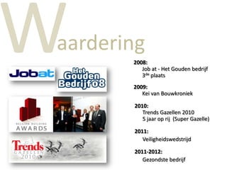 aardering
2008:
Job at - Het Gouden bedrijf
3de plaats

2009:
Kei van Bouwkroniek
2010:
Trends Gazellen 2010
5 jaar op rij (Super Gazelle)
2011:
Veiligheidswedstrijd
2011-2012:
Gezondste bedrijf

 