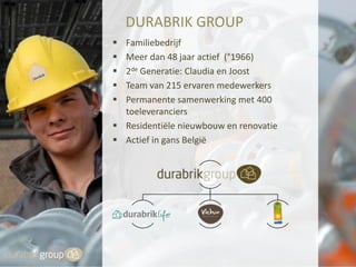 DURABRIK GROUP






Familiebedrijf
Meer dan 48 jaar actief (°1966)
2de Generatie: Claudia en Joost
Team van 215 ervaren medewerkers
Permanente samenwerking met 400
toeleveranciers
 Residentiële nieuwbouw en renovatie
 Actief in gans België

.
.

 