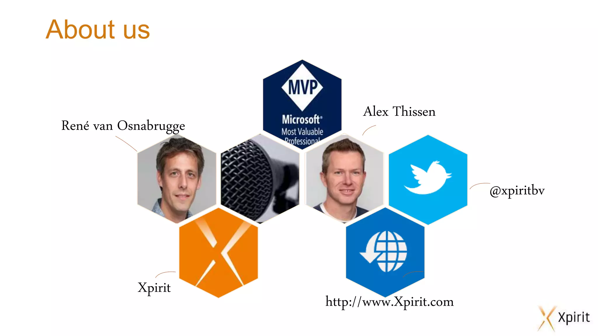@xpiritbv http://www.Xpirit.com Xpirit About us Alex Thissen René van Osnabrugge
