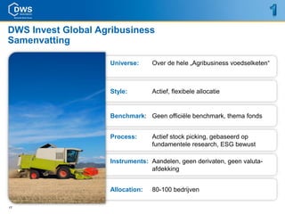 DWS Invest Global Agribusiness
Samenvatting

                    Universe:     Over de hele „Agribusiness voedselketen“



                    Style:        Actief, flexibele allocatie


                    Benchmark: Geen officiële benchmark, thema fonds


                    Process:      Actief stock picking, gebaseerd op
                                  fundamentele research, ESG bewust

                    Instruments: Aandelen, geen derivaten, geen valuta-
                                 afdekking


                    Allocation:   80-100 bedrijven

17
 