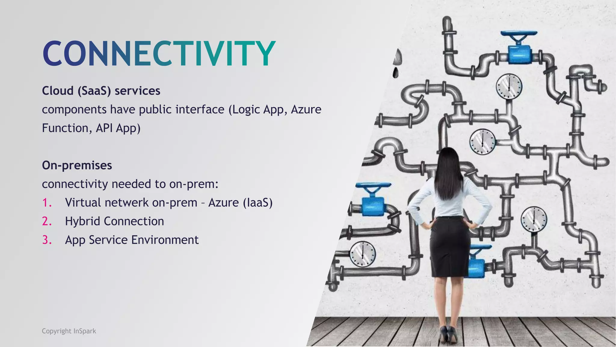 Cloud (SaaS) services
components have public interface (Logic App, Azure
Function, API App)
On-premises
connectivity needed to on-prem:
1. Virtual netwerk on-prem – Azure (IaaS)
2. Hybrid Connection
3. App Service Environment
Copyright InSpark
 