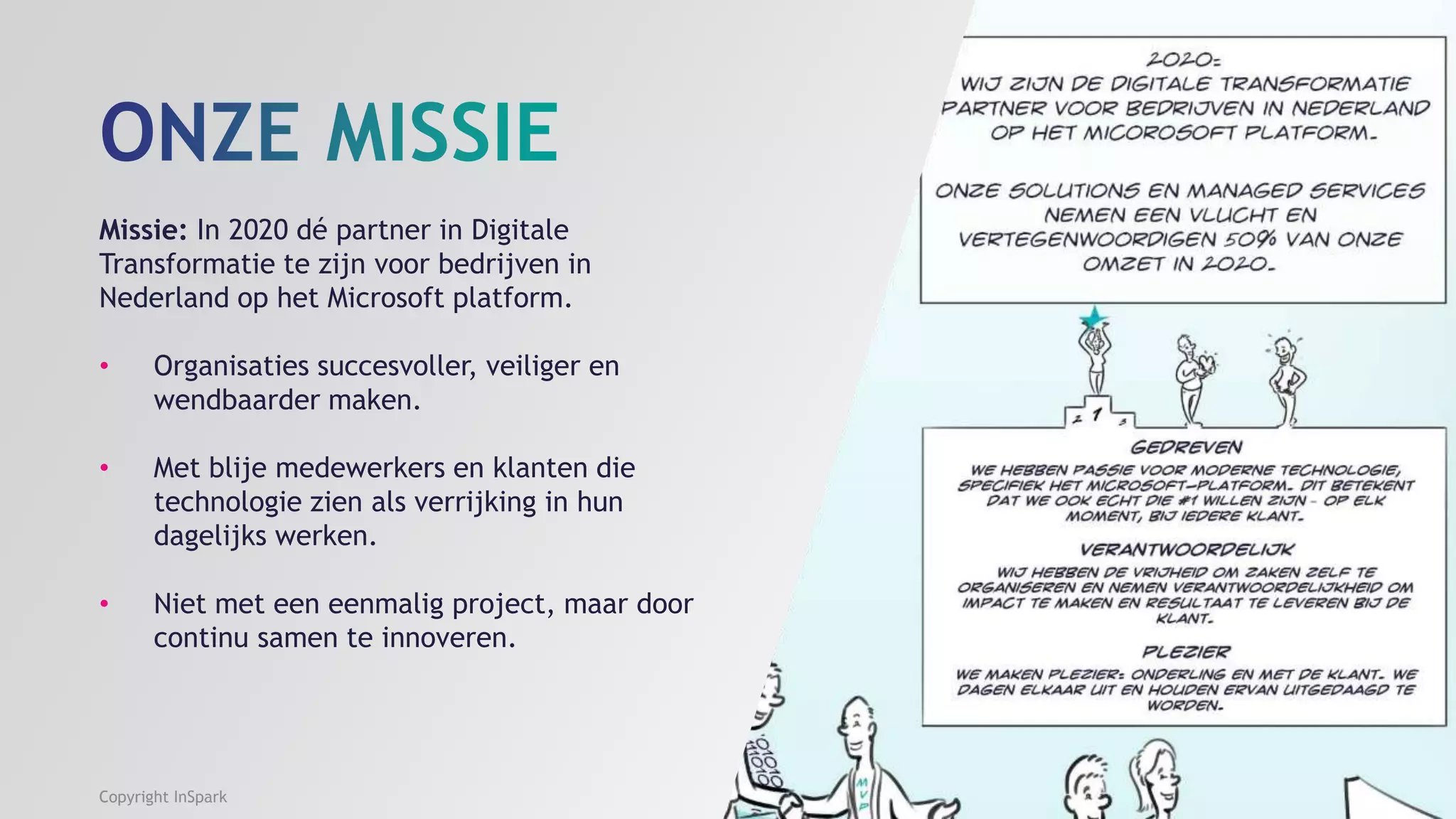 Missie: In 2020 dé partner in Digitale
Transformatie te zijn voor bedrijven in
Nederland op het Microsoft platform.
• Organisaties succesvoller, veiliger en
wendbaarder maken.
• Met blije medewerkers en klanten die
technologie zien als verrijking in hun
dagelijks werken.
• Niet met een eenmalig project, maar door
continu samen te innoveren.
Copyright InSpark
 