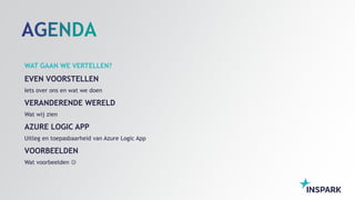 WAT GAAN WE VERTELLEN?
EVEN VOORSTELLEN
Iets over ons en wat we doen
VERANDERENDE WERELD
Wat wij zien
AZURE LOGIC APP
Uitleg en toepasbaarheid van Azure Logic App
VOORBEELDEN
Wat voorbeelden 
 