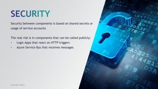 Security between components is based on shared secrets or
usage of service accounts
The real risk is in components that can be called publicly:
• Logic Apps that react on HTTP triggers
• Azure Service Bus that receives messages
Copyright InSpark
 