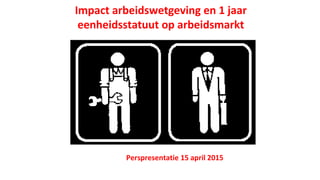 Impact arbeidswetgeving en 1 jaar
eenheidsstatuut op arbeidsmarkt
Perspresentatie 15 april 2015
 